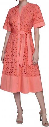 Karl Lagerfeld Eyelet Cotton A-Line Shirt Dress In Coral