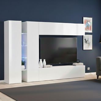 Dmora Pared Equipada Dboudr, Conjunto De Sal&oacute;n Mueble Tv Con 4 Puertas, Mueble Sal&oacute;n Polivalente, 100% Made In Italy, Cm 280x30x180, Blanco Brillo - Dmora