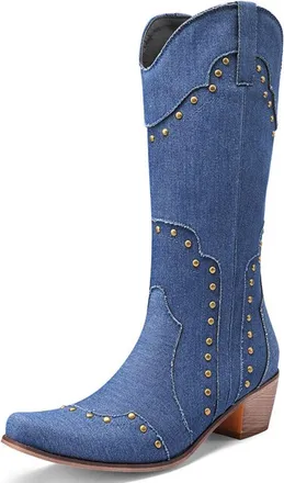 Generic Womens Western Cowboy Boots Mid-Calf PU Leather Denim Material Metal Stud Detail Pointed Toe Low Block Heels Stylish Comfortable Non-Slip Durable Desi