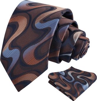 Alizeal Mens Ripple Patterned Necktie and Hanky Colorful Gradient Novelty Tie and Pocket Square Set, Brown+Blue
