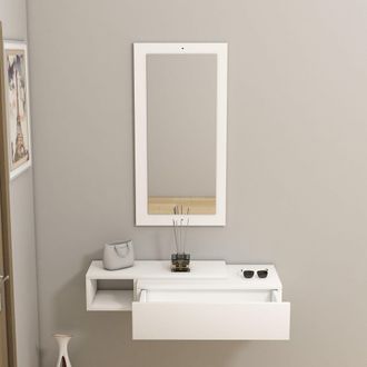Dmora Mueble De Entrada Ingria, Espejo Incluido, Un Caj&oacute;n, Un Estante, 82x30x16h Cm Blanco