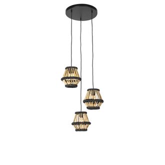 QAZQA Oriental L&aacute;mpara Colgante Oriental De Bamb&uacute; Con Redonda Negra 3-luces - Evalin Bamb&uacute; /acero Redonda Adecuado Para Led Max. 3 X 40 Watt - Qazqa