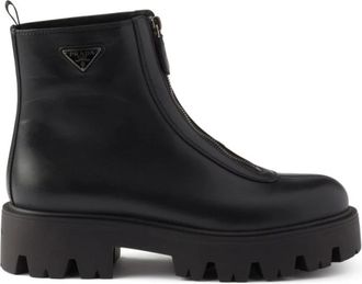 Prada Schoenen, Dames, Zwart, 37 1/2 EU, Leer, Leren Rits Enkellaarsjes
