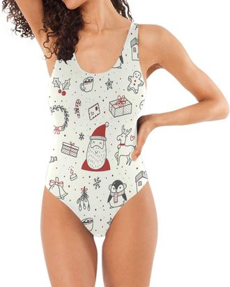 BEUSS Santa Claus Christmas Elk Penguin Swimwear Monokini Beachwear One Piece Swimsuit Bathing Suits for Women Teen Girl