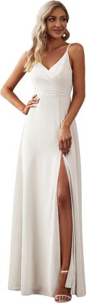 Ever-pretty Womens A Line Spaghetti Straps V Neck Long Chiffon Asymmetry Prom Dress with Slit White 12