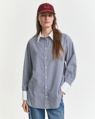 GANT Women Oversized Contrast Collar Striped Shirt (44) PERSIAN BLUE