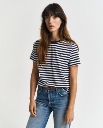 GANT T-Shirt GANT REG STRIPED SHIELD SS T-SHIRT, Damen, Gr. L, blau (evening blau), Single Jersey, Obermaterial: 100% Baumwolle, regular fit, Rundhals, Shi