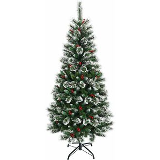 Costway Rbol De Navidad Artificial 180cm Con Soporte De Metal, Agujas De Pvc, Con Decoraci&oacute;n De Frutos Rojos Y Nieve - Costway