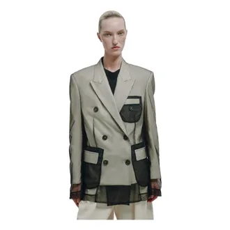 Erika Cavallini Semi Couture Blazers, female, Black, Size: XS Giacca doppiopetto in tela di cotone rivestita con tulle