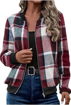Generic Womens Plaid Shirt Zip Up Jacket Casual Long Sleeve Flannel Coat Fall Winter Outfits