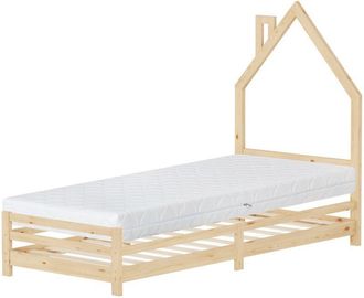 ML Design Ml-design - Cama Infantil 90 X 200 Cm En Forma De Casa Con Colch&oacute;n 16 Cm, Cuna Individual De Madera De Pino Con Somier De L&aacute;minas Y Dise&ntilde;o De Casita C