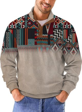 Generic Christmas Sweatshirts for Men Fashion Xmas Graphic Print Long Sleeve Sweatshirt Stand Collar Button Slim Pullover Tops