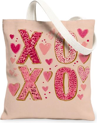 Generic ValentineS Day Heart Canvas Tote Bags, Cute Love Pattern Reusable Grocery Bags, Lightweight Washable Shoulder Strap Canvas, Peach, 13x15 Inch