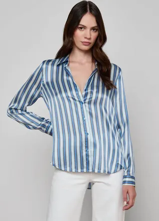 L'agence Tyler Silk Blouse In Blue Multi Herringbone