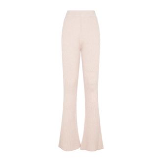 PESERICO Flare Knit Rib Pant - Dames - Wijde Broeken - Beige - S - Wol - Broeken