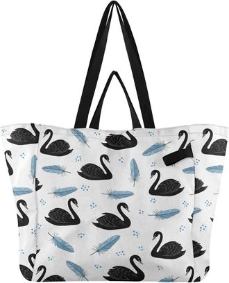 Generic Elegant Swans Feathers White print Reusable Canvas Tote Bag, Heavy Duty Grocery Shopping Bag with Large Capacity Double Handles Hard Bottom Work Groce