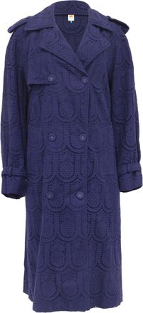 Farm Rio Farm Rio Eyelet Double-Breasted Trench Coat in Navy Blue Cotton