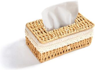 OEM Caja De Pa&ntilde;uelos Decorativa Rectangular De Rat&aacute;n Blanco Tejido A Mano, Estilo Retro