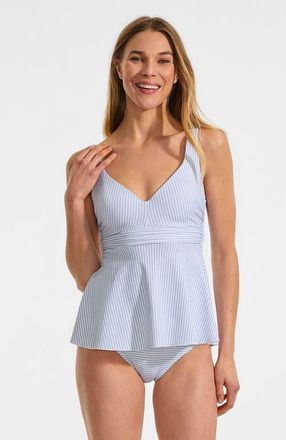 Lands End Sweetheart Belted Flutter Tankini in Soft Cloud Blue Mini Stripe at Nordstrom, Size 12P