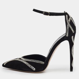 Le Silla Black Suede Crystal Embellished Mary Jane Pumps