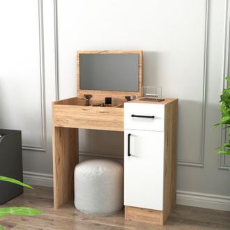 Dmora Toileta Rodano, Mueble De Tocador Con Espejo Incluido, Un Caj&oacute;n, 2 Puertas, 77x37x109h Cm Roble Marr&oacute;n