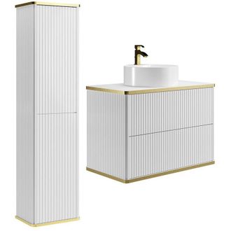 Vente-Unique Mobile bagno sospeso con scanalature con lavabo dappoggio tondo e colonna - Bianco - 80 cm - KELIZA
