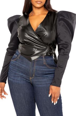 Buxom Couture Exaggerated Shoulder Faux Leather Wrap Top in Black at Nordstrom, Size 3 X