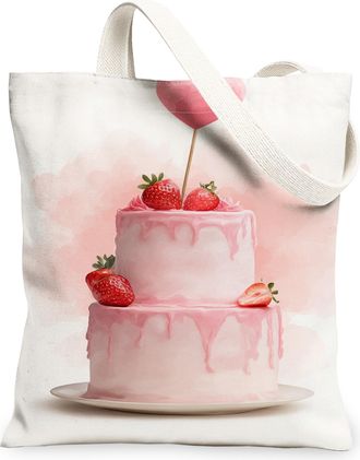 Generic Peach Cake Canvas Tote Bags, Cute Strawberry Design Reusable Grocery Bags, Vintage Lightweight Washable Shoulder Strap Canv, Peach, 13x15 Inch