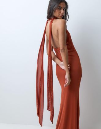 Asos vestito lungo in rete drappeggiato con fascia accollato color ruggine-Arancione