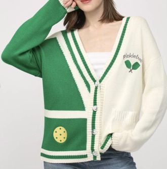 Fate Pickleball Button Closure Cardigan In Green And Cream