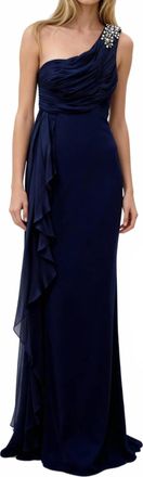 Marchesa One-Shoulder Long Evening Dress In Navy