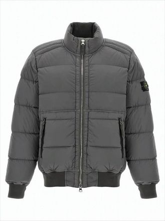Stone Island Quilted Grey Padded Jacket With High Collar And Distinctive Patch
