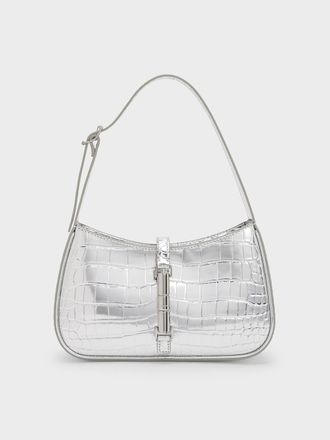 Charles & Keith Cesia Croc-Effect Metallic-Accent Shoulder Bag