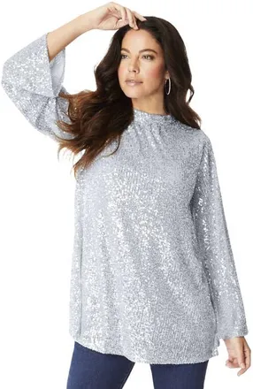 Roaman's Sequin Mock Neck Blouse in Silver Shimmer at Nordstrom, Size 28