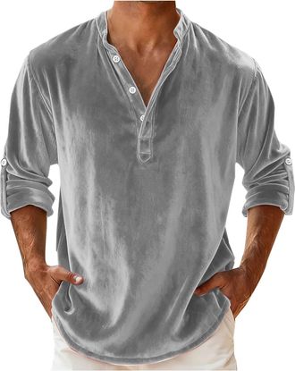 Generic Mens Henley Shirts Long Sleeve Velvet Casual Shirt Button Up Long Sleeve Loose Fit Tshirts Mock Neck Running Sports Pullover Gym Classic Tops Solid Co