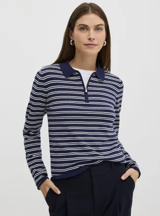 Contemporaine Womens Zippered polo collar pinstriped sweater