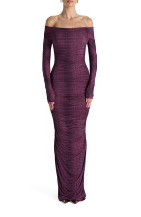 Naked Wardrobe Ruched Off the Shoulder Long Sleeve Maxi Dress in Dark Plum Crocodile at Nordstrom, Size Medium