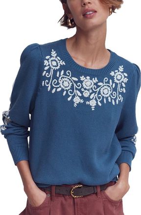 Boden Davina Embroidered Puff Sleeve Sweater in True Navy, Embroidery at Nordstrom, Size X-Large
