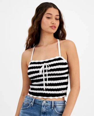 Tommy Hilfiger Tank Top WomensBlack Striped Crochet Tie Front Cropped FTS1325