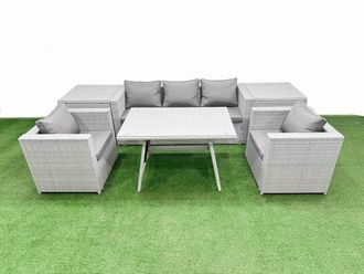 Fimous Outdoor PE Rattan Sofa Armchair Set with 2 Side Tables 7 Pieces in Light Grey
