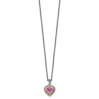 Diamond2Deal Sterling Silver with 14K Accent Heart Created Pink Sapphire Pendant Necklace