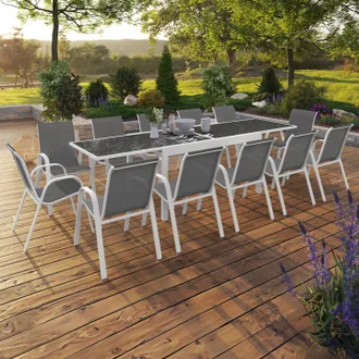 IDMarket Conjunto De Muebles De Jard&iacute;n Madrid Mesa Extensible 135-270 Cm Y 12 Sillas Apilables Blanco Y Gris