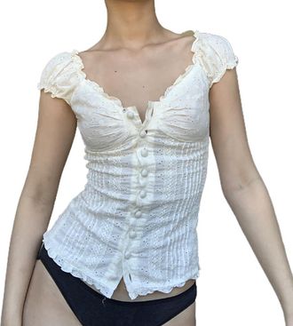 Generic Women Y2K Ruffle Blouse Shirt Short Puff Sleeve Lace Trim Fairy Grunge Babydoll Crop Top Aesthetic Going Out Top A White
