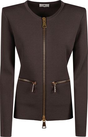 Elisabetta Franchi Fitted Long Sleeve Sweater with Full Zip Closure and Structured Shoulders