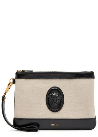 Versace Logo-appliqu&eacute;d Leather and Canvas Pouch - Beige - One Size