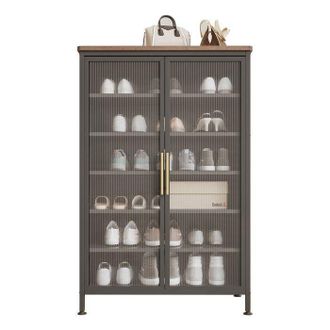 OEM Armario De Zapatos Met&aacute;lico Gris Negro - Puertas De Vidrio Ondulado - Estantes Modulares - Vest&iacute;bulo De Entrada