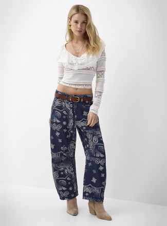Free People Womens Good Luck paisley pattern loose barrel jean