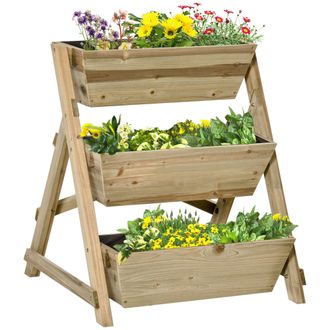 OUTSUNNY Jardinera De Escalera De 3 Pisos Maceteros De Madera Con Tela No Tejida Y Orificios De Drenaje Huerto Urbano Para Plantas Macetas Flores 71x61x77 Cm