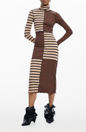Desigual Colorblock Stripe Rib Turtleneck Long Sleeve Dress in Brown at Nordstrom, Size X-Large