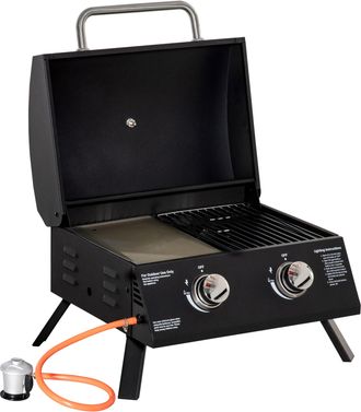 OUTSUNNY Barbacoa De Gas Plegable De Sobremesa Con 2 Quemadores, Parrilla Port&aacute;til Con Tapa, Acero Al Carbono, Ideal Para Camping, Picnic Y Jard&iacute;n, 55 X 46,5 X